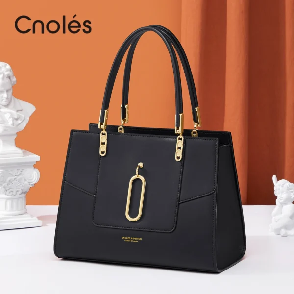 Cnoles Black Cowhide Leather Tote Bag