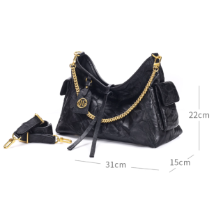 Cnoles Black Warrior Cowhide Chain Shoulder Bag – Large-Capacity Underarm & Crossbody Tote for Women

