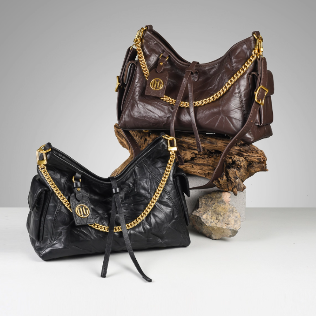 Cnoles Black Warrior Cowhide Chain Shoulder Bag – Large-Capacity Underarm & Crossbody Tote for Women