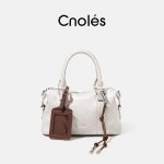Cnoles Contrast-Color Bowling-Shape Cowhide Shoulder Bag – Women’s Commuter Handbag