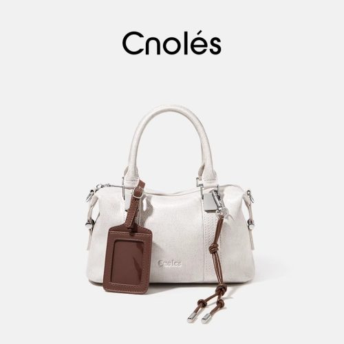 Cnoles Contrast-Color Bowling-Shape Cowhide Shoulder Bag – Women’s Commuter Handbag